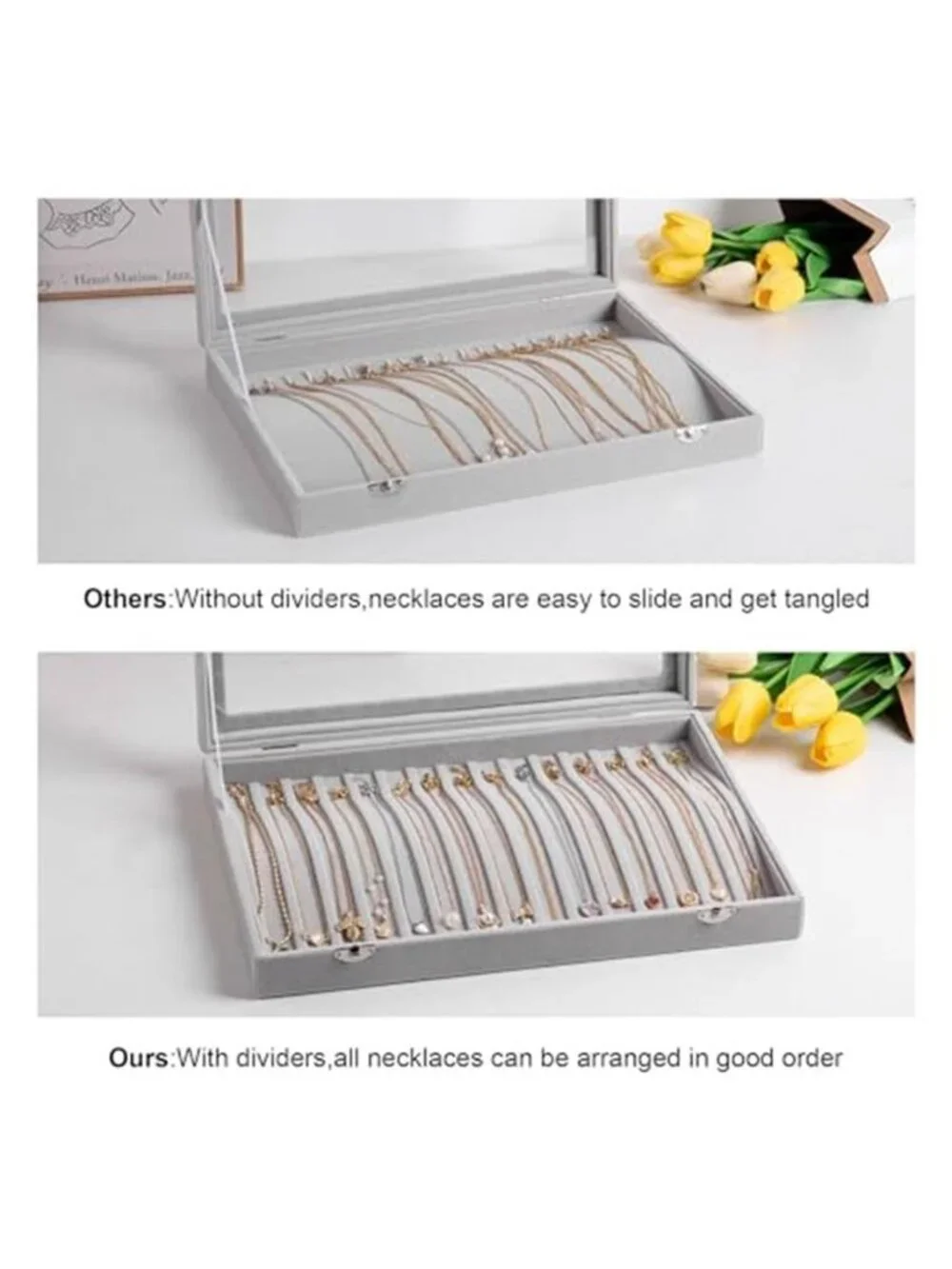 15 Hooks Necklace Organizer,Velvet Necklace Holder Tray with Lid | Jewelry Box